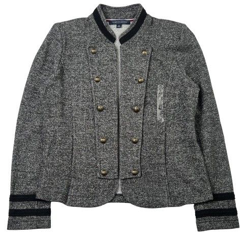 Tommy Hilfiger Military Band Style Jacket Open Front Metal Buttons Gray Size LARGE