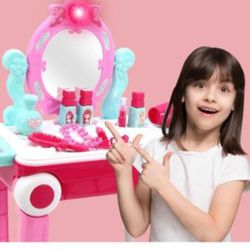 2 in 1 Pretend Play Kids Vanity Table and Chair Beauty Mirror and Accessories