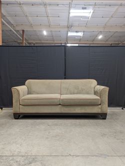 Contemporary Greige Fabric Sofa with Contrasting Red Piping