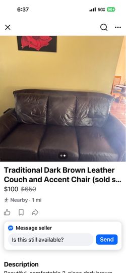 Traditional Dark Brown Leather Couch and Accent Chair (sold separately see prices)