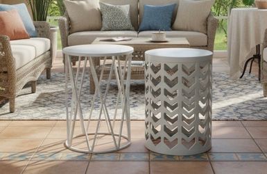 $35 for both! Two White Metal Patio Garden Plant Stand Tables! Good condition!  14x20in & 16x22in