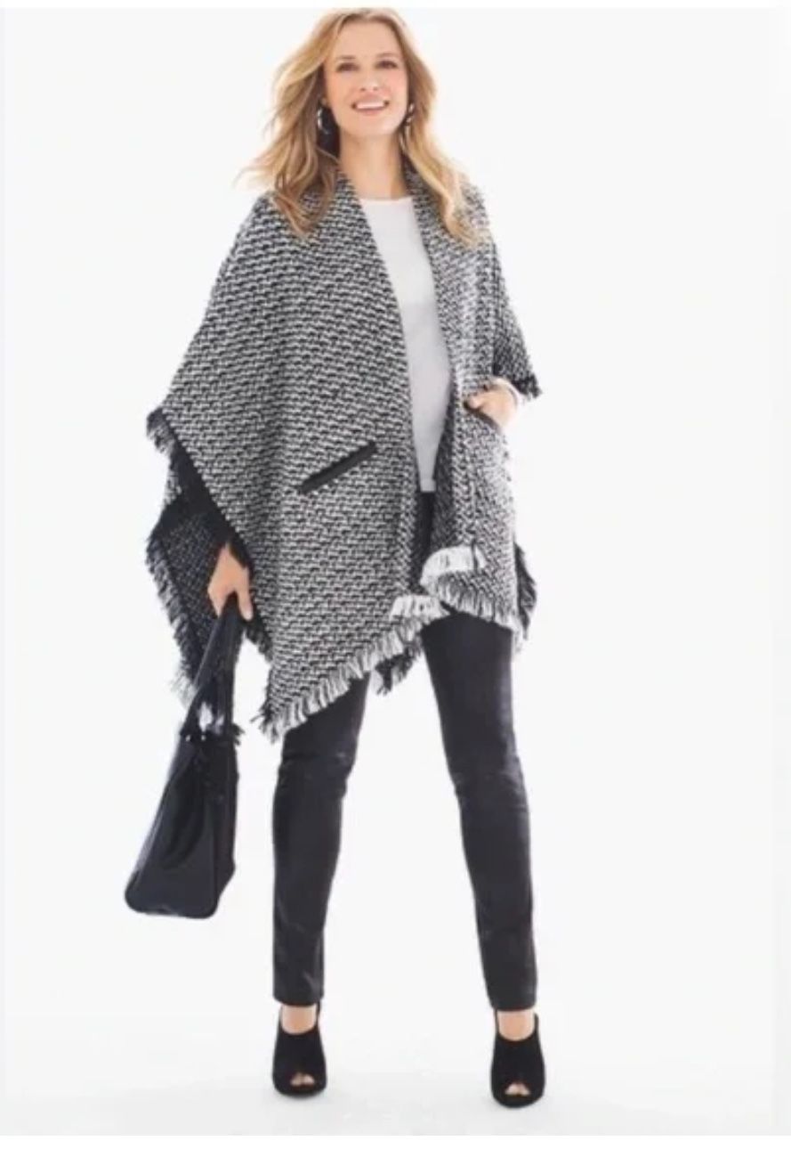 Chicos Jayne Fringe Ruana One Size OS Black White Wrap Acrylic Classy