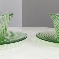 Pair of Vintage Green Uranium Glass Cups & Saucers 