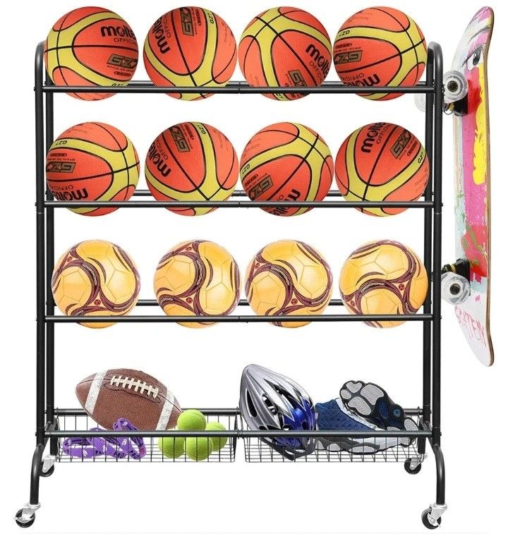 NEW Sports Ball Storage Rack w/ Wire Storage Baskets & Wheels