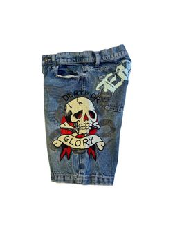 Vintage Ed Hardy Death Or Glory Denim Shorts Men’s 28 Baggy Skull Embroidered