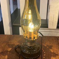 Vintage farmhouse electrified amber glass miniature finger oil lamp