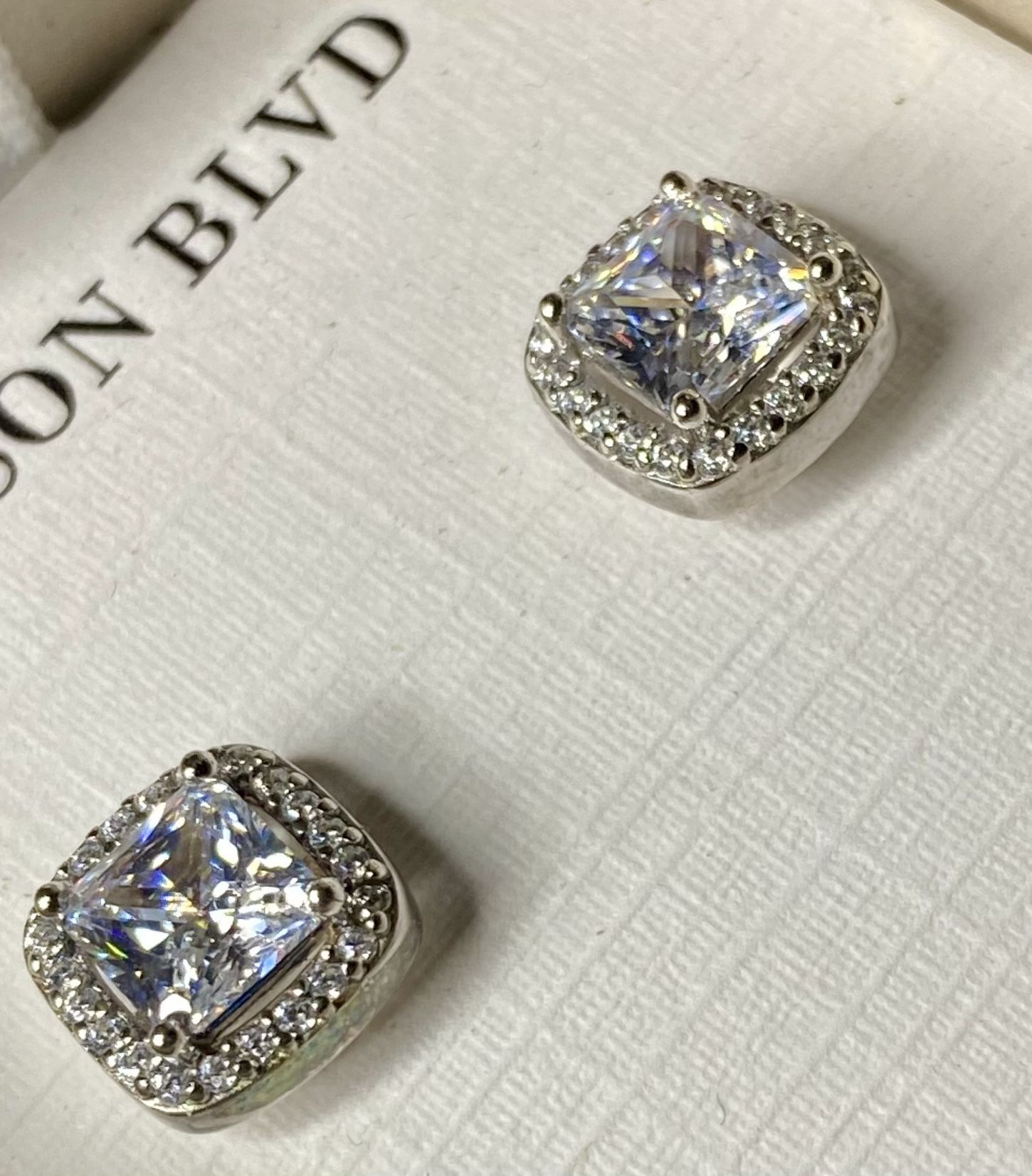 .925 Silver Addison Blvd Princesses Cut Square Halo Stud Earrings