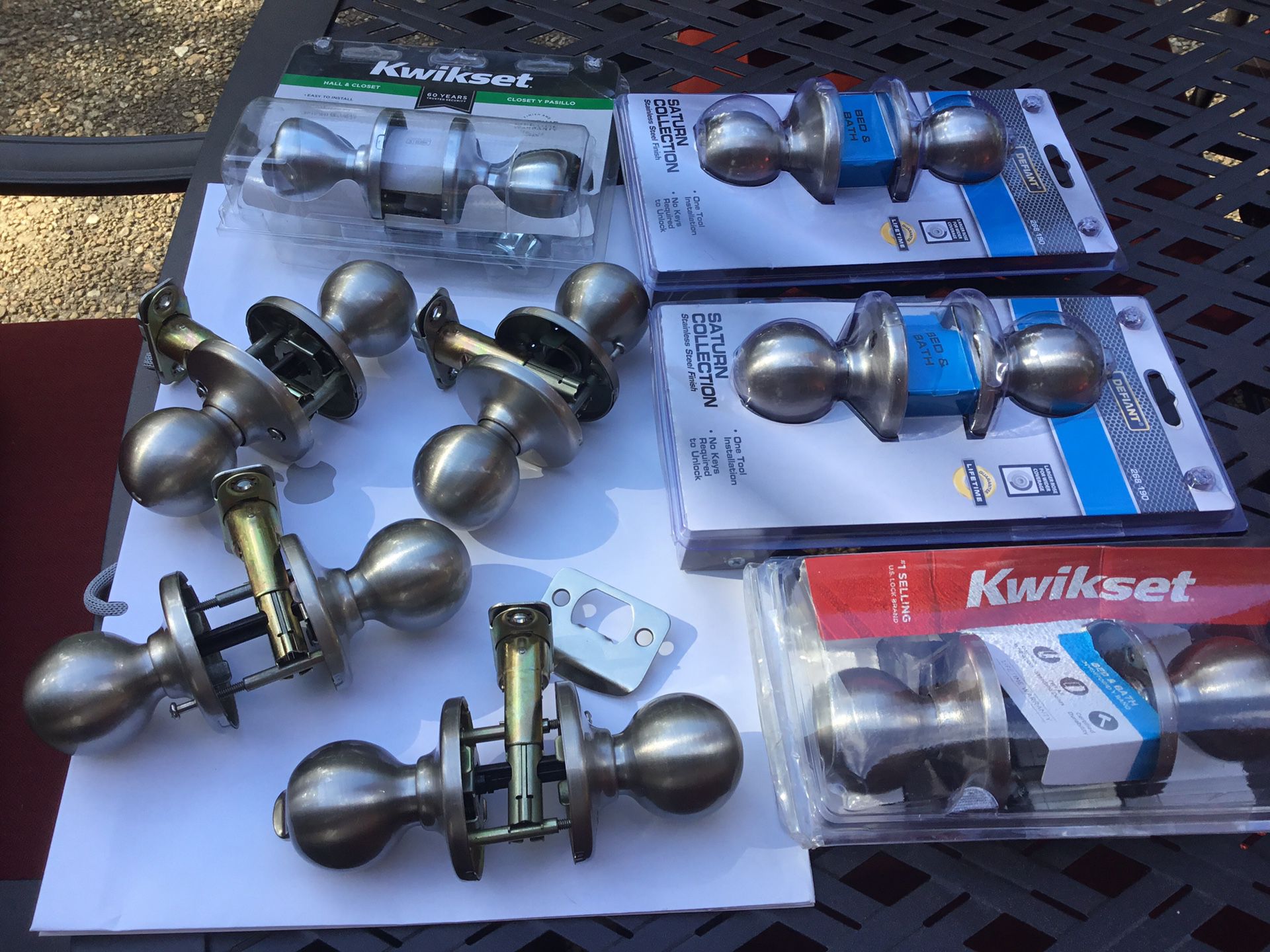 9 sets of satin nickel door knobs, complete sets - $5 each.