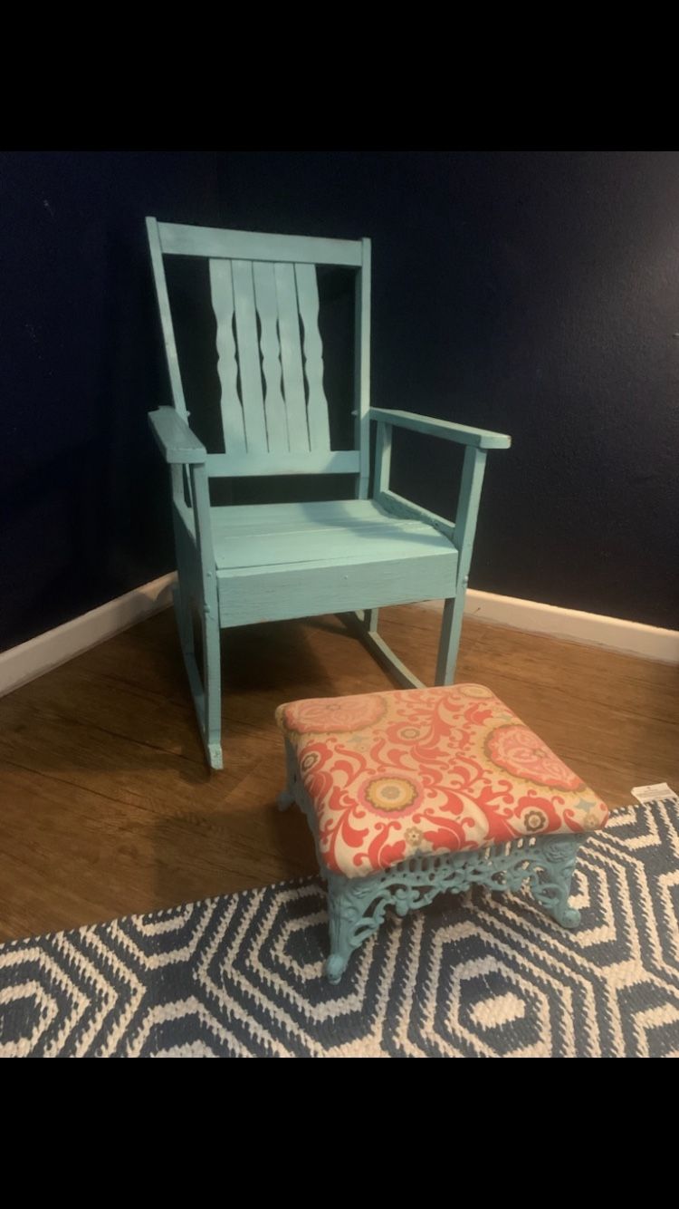 wooden rocking chair with stool