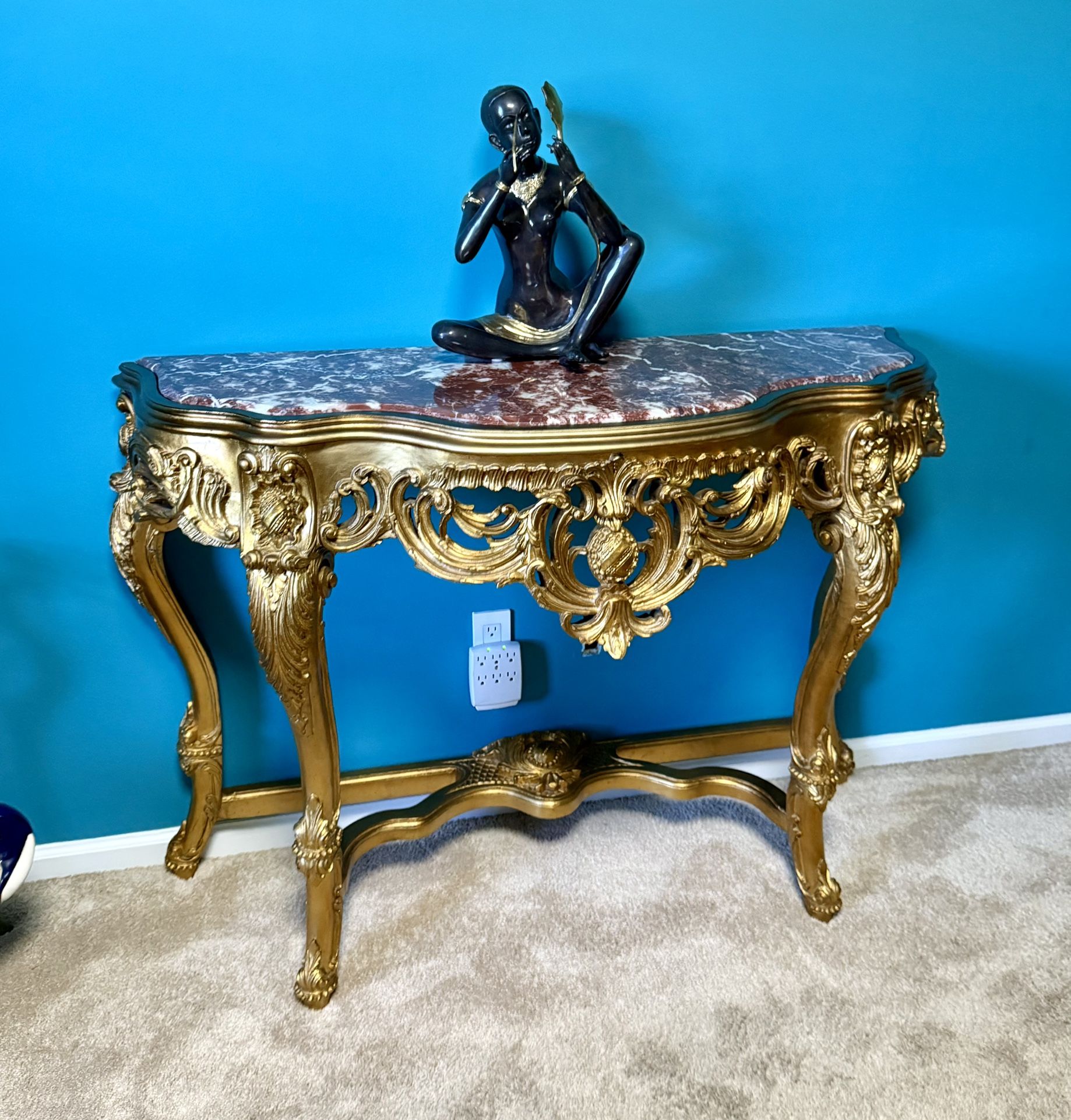 Gold Gilded Wood Carved Console Table with Marble Top