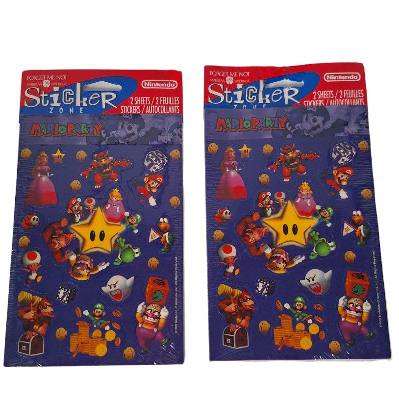 2x 1999 Nintendo Super Mario Party Sticker Pack SEALED American Greetings Yoshi Peach