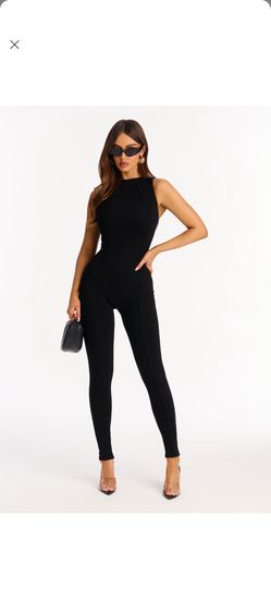 Sleeveless Black Ribbed Jumpsuit for Women Large 