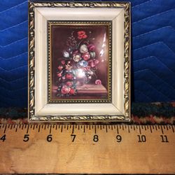 Small Vintage French Enamel Art Flowers In Gold Leaf Frame 