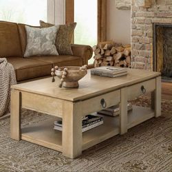 54" Modern Rustic 4-Drawers Farmhouse Coffee Table, Natural, New.