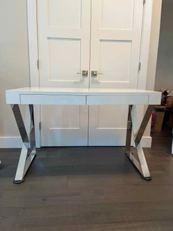 White Lacquer Desk with Chrome X Legs, $225