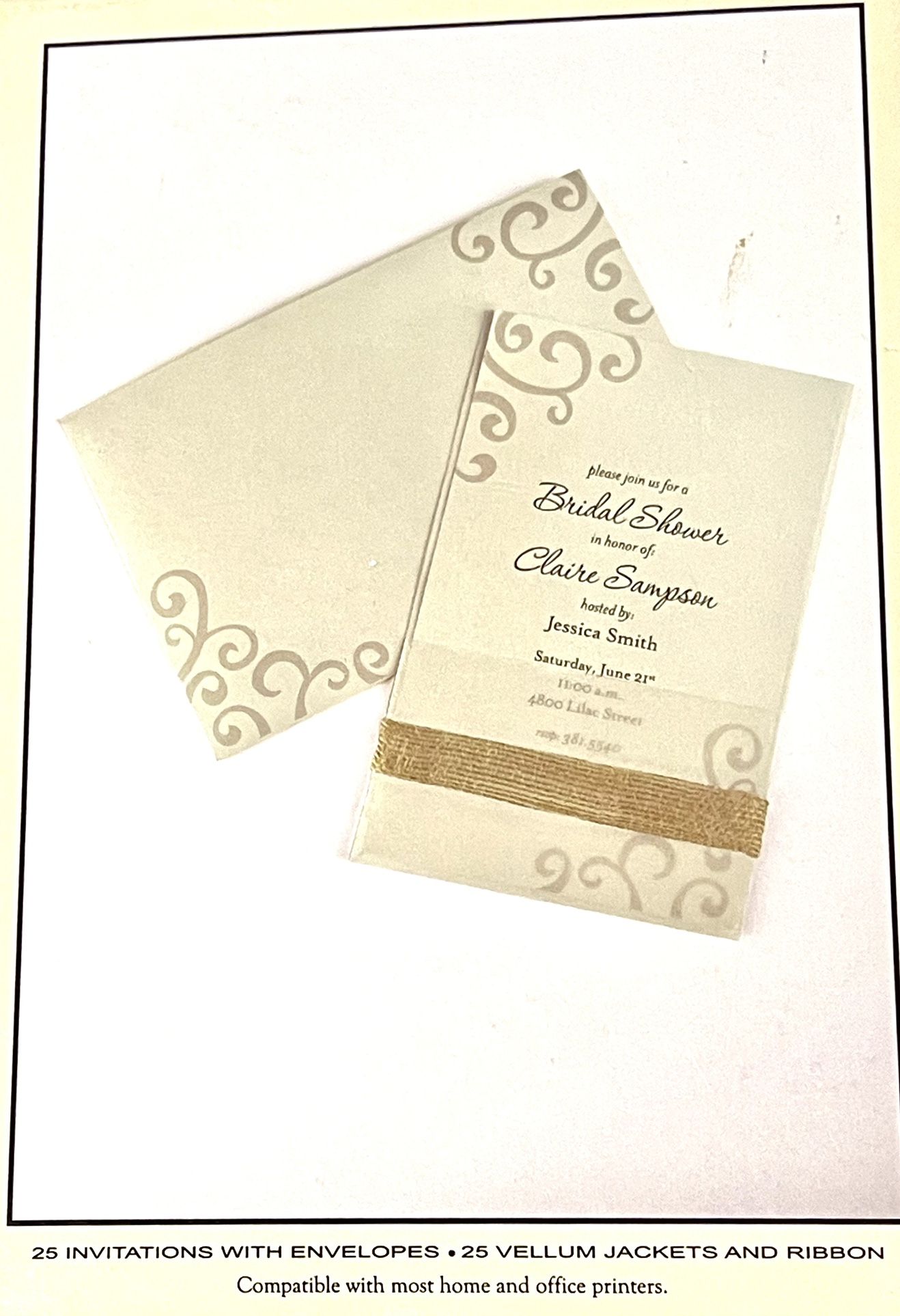 25 Invitations With Matching Envelopes, Vellum and Ribbon. New.