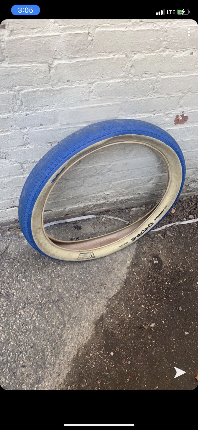 Blue tire for the fatty no holes no skid marks none of that.