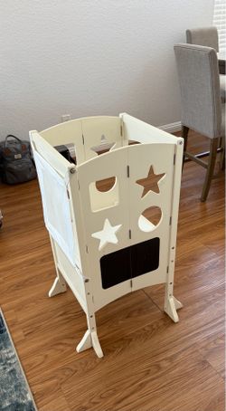 White Wooden Kids Learning Tower Kitchen Helper Star Cutouts