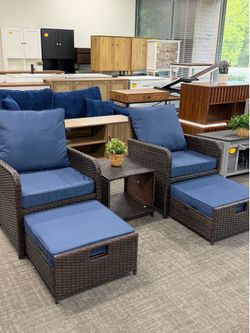 Balcony Furniture 5 Piece Patio Furniture Set, Outdoor Patio Chair with Ottoman for Front Porch Deck, Wicker Lounge Chair with Side Table, Blue  💰158