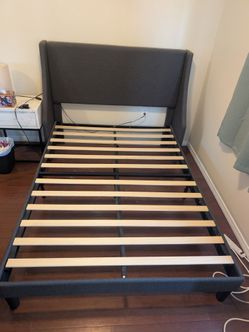 Full Gray Upholstered Wingback Platform Bed Frame with Wood Slats