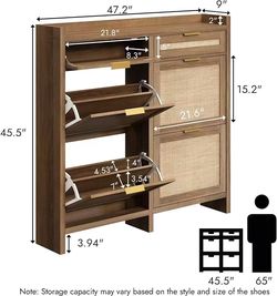 🥨HOKYHOKY Large Rattan Shoe Storage Cabinet with 4 Flip Drawers & 2 Storages Hidden Slim Shoe Organizer, Farmhouse Boho Narrow Shoe Rack, Large Table