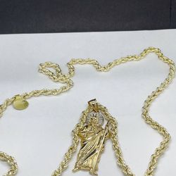 14k Gold Rope Chain And San Judas Charm   Pendant , Necklance Gold Pendant