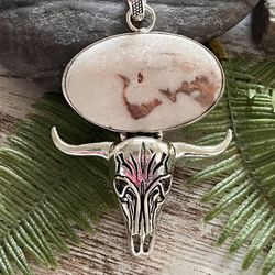Scolecite Gemstone Bull Skull Horn 3.2” Pendant