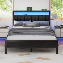 ‼️New on box ‼️ 📦 Furnulem Queen Size Bed Frame with Charging Station and LED Lights, Platform Bed with Metal Slats, Grey Upholstered Headboard with 