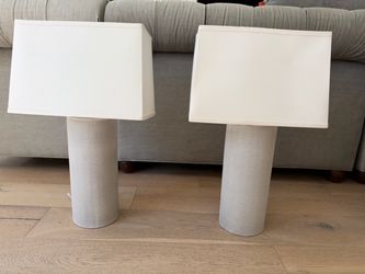 $200 Pair of Cylinder Gray/White Ceramic Table Lamps with White Linen Shades