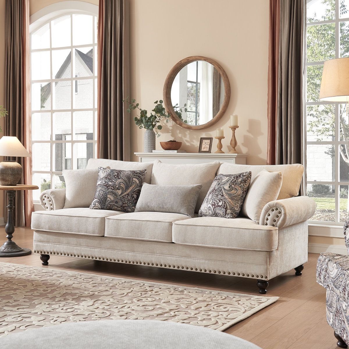 Modern Farmhouse Sofa With Nailhead Trim, Chenille Upholstery Couch, Rolled Arms, Deep Seat, Wooden Legs, Includes 5 Accent Pillows