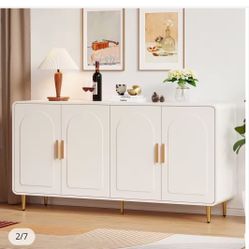 60-Inch Sideboard Buffet Cabinet With Storage Space, Curved Design Cabinet With 4 Doors And Adjustable Shelves, Modern