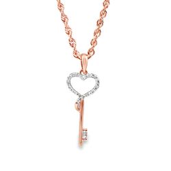 10k Rose Gold Diamond Rope Chain & Key Pendant 0.10 ctw