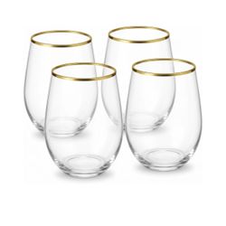 Oojami 48 Pack Disposable Wine Glasses 12oz Stemless Plastic Gold Rim