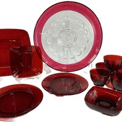 Antique Red/Cranberry Glass Tray & Place Setting (10 pieces)