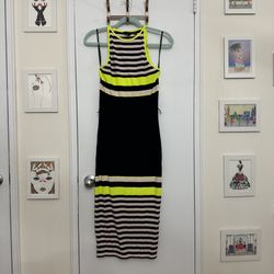 Ted Baker Neon Yellow and Navy Striped Bodycon Dress Size XS