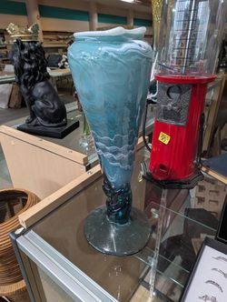 Hand Blown Blue Art Glass Vase Twisted Stem Sculptural Studio Decor