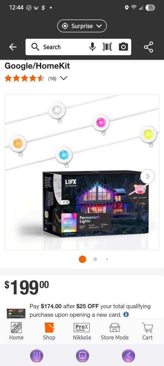 Lifx 30-Light 50 ft. Outdoor Plug-In RGBW Integrated LED Smart Wi-Fi Permanent String-Light, Works w Alexa/Hey Google/HomeKit