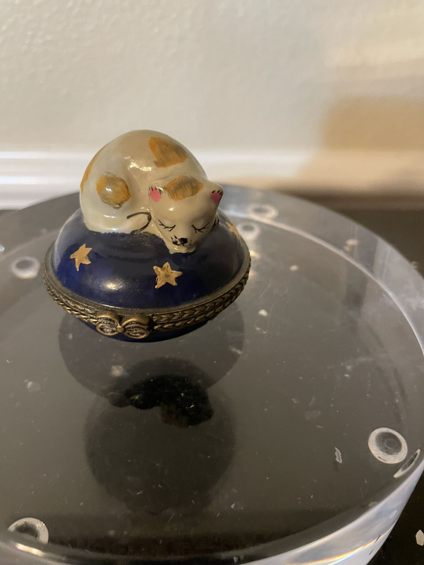 Vintage Cat Hinged Box. Porcelain/ Cobalt/ Golds