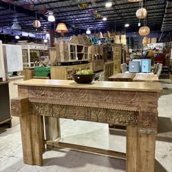 Reclaimed Carved Wood Console Table Featuring a Hidden Shelf