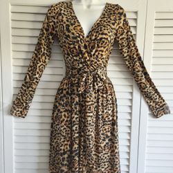 MODA INTERNATIONAL Leopard Pattern Deep Decollete, Long Sleeve Sexy Dress, Size S, NWOT