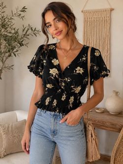 Black Floral V-Neck Peplum Blouse