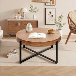 Modern Round Coffee Table with Wood Top & Black Metal Base - Good Condition