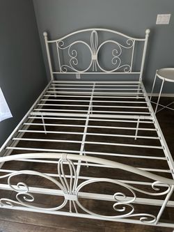 Full Size White Metal Bed Frame with Side Table