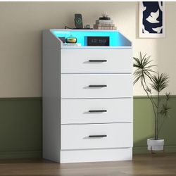 4 Drawer Dresser for bedroom with LED Light, Modern Dresser with Power Outlet, White Dressers with Open Storage Cubby, Chest of Drawers Storage Organi