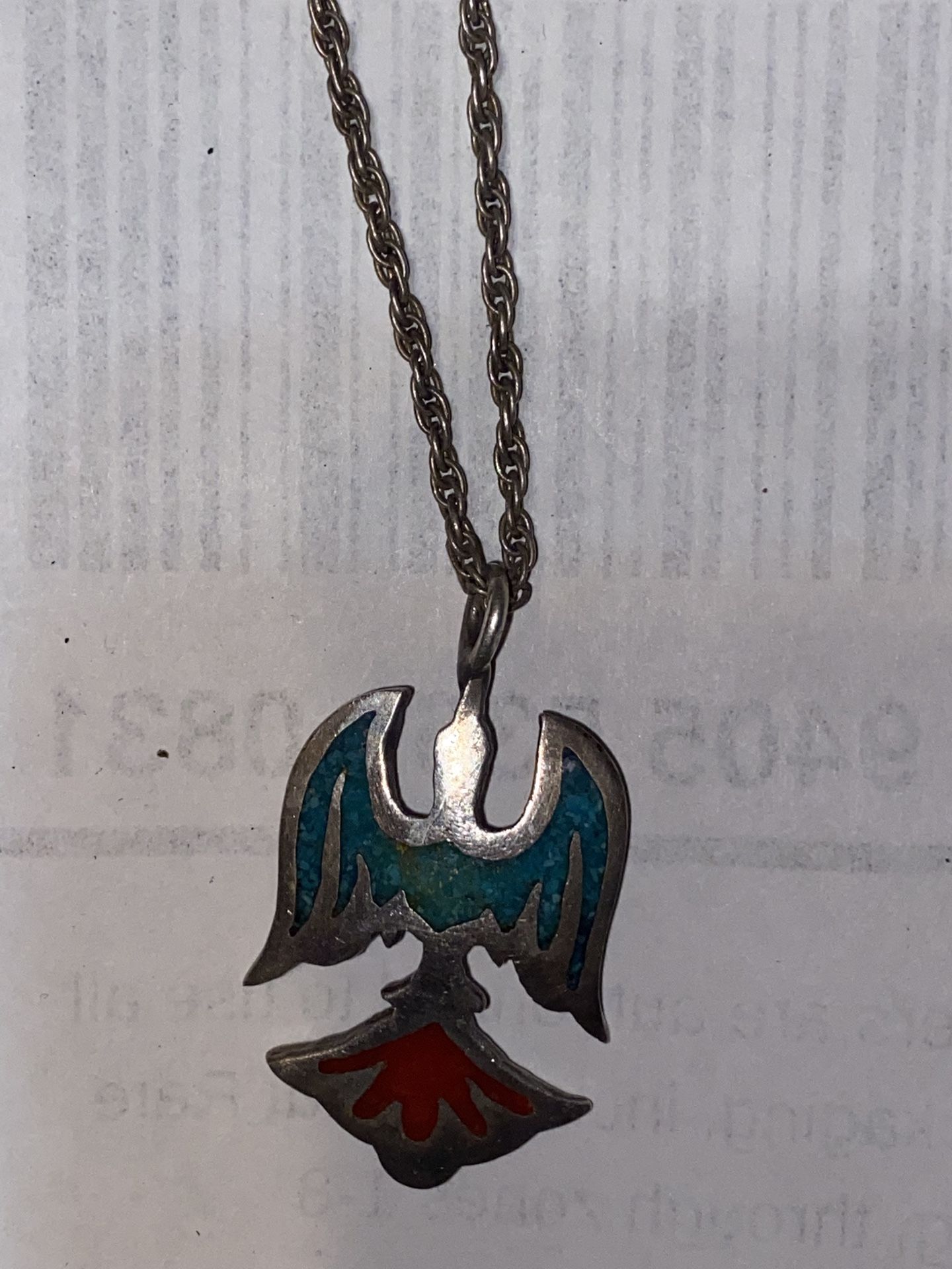 Navajo Crush Turquoise, Inlay, And Coral Thunderbird Pendant 18 In.² Silver necklace