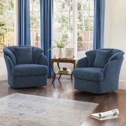 Set of 2 Oversized Blue Upholstered Fabric Swivel Accent Chair with Double Cushion Swivel Arm Chair