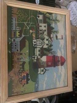 Framed Needlepoint Village and Lighthouse Scene