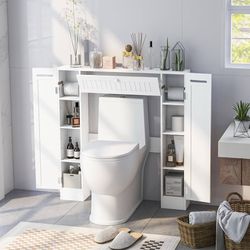 Short Over The Toilet Storage Cabinet, Bathroom Organizer w/Paper Holder, Adjustable Shelves & Bottom Bar, Freestanding Space Saver Above Toilet Stora