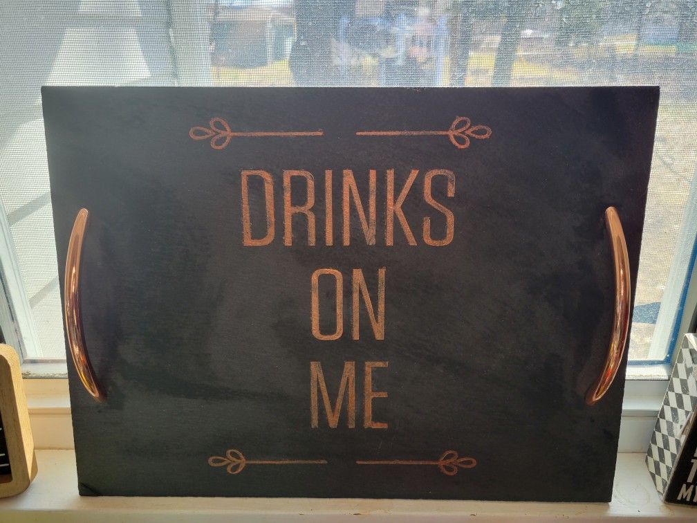 Pier 1 Black Slate "Drinks On Me" Serving Platter Copper Handles 16”