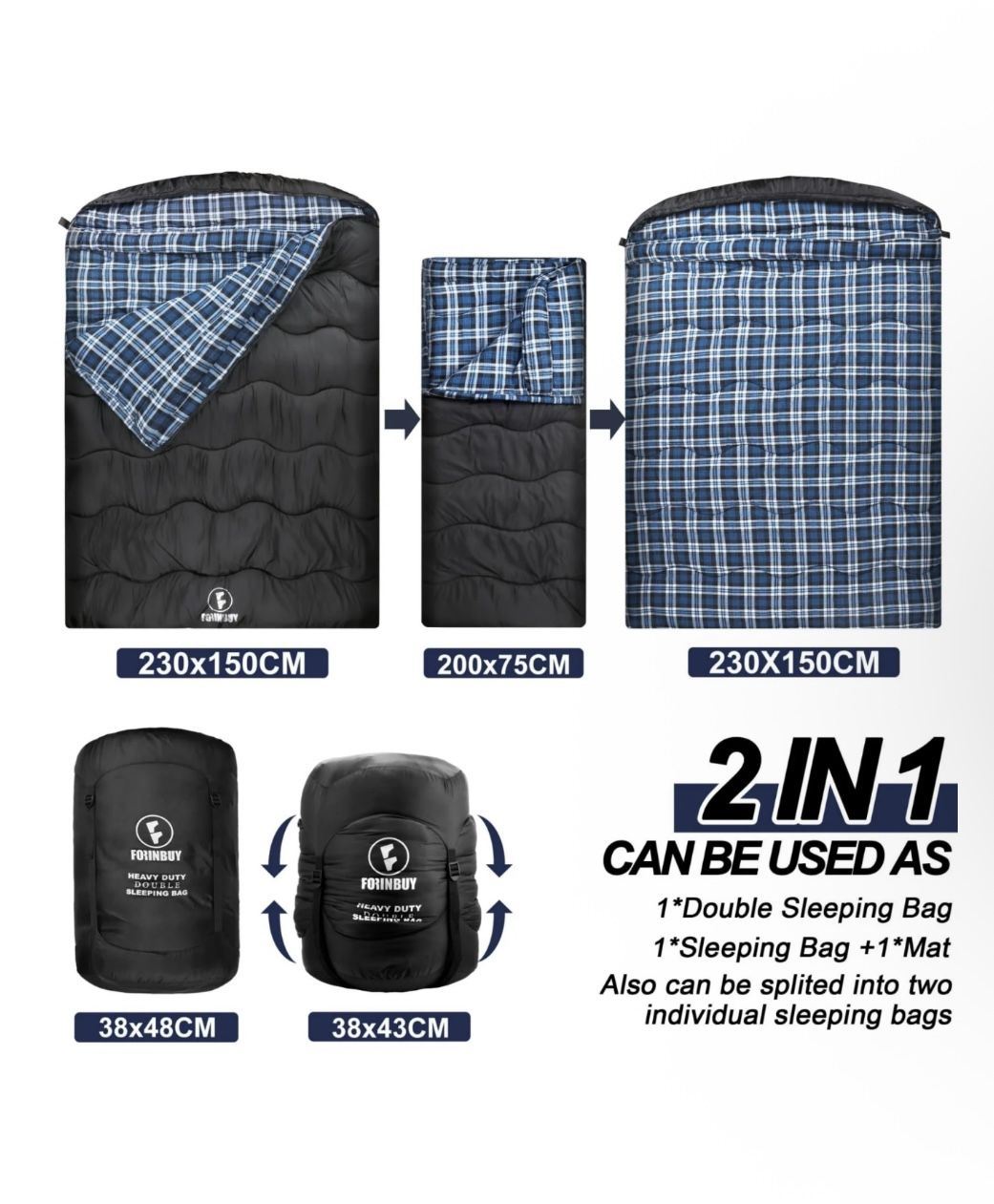 FORINBUY Heavy Duty Winter Cotton Flannel Double Sleeping Bag